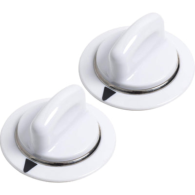 WE1M654 Dryer Timer Knob with Metal Ring, two white knobs shown in a product photo