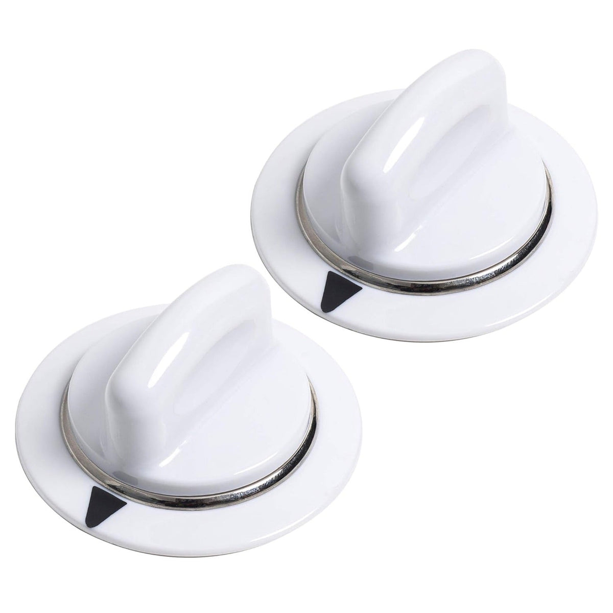 Two white WE1M654 dryer timer knobs with metal rings for GE and Hotpoint dryers.