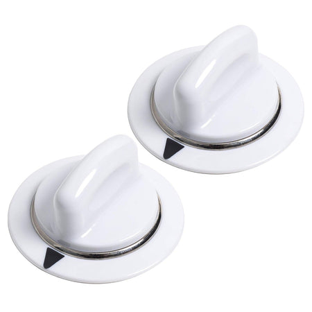 Two white WE1M654 dryer timer knobs with metal rings for GE and Hotpoint dryers.