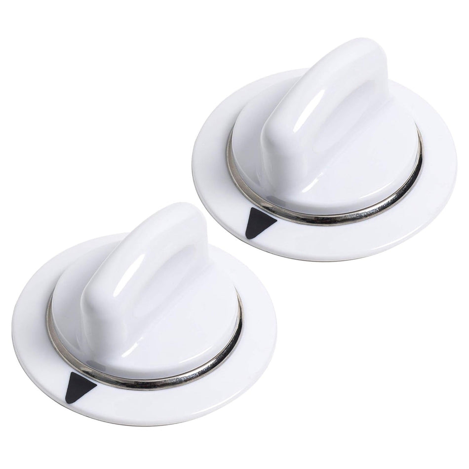 Two white WE1M654 dryer timer knobs with metal rings for GE and Hotpoint dryers.