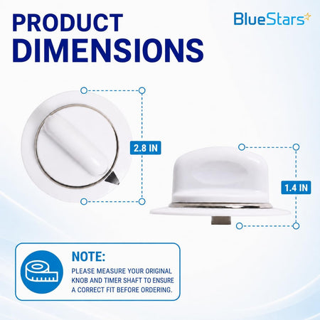 WE1M654 Dryer Timer Knob with Metal Ring, dimensions diagram showing 2.8 in diameter and 1.4 in height