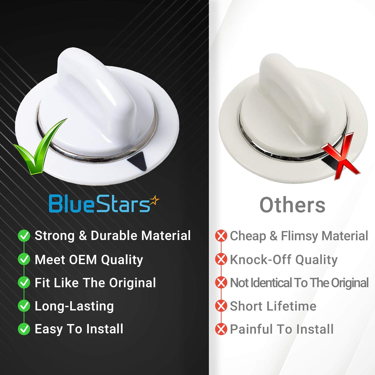 Comparison chart showing BlueStars WE1M654 dryer timer knob quality versus generic alternatives.