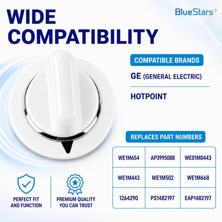 WE1M654 Dryer Timer Knob graphic showing GE and Hotpoint compatibility and replacement part numbers