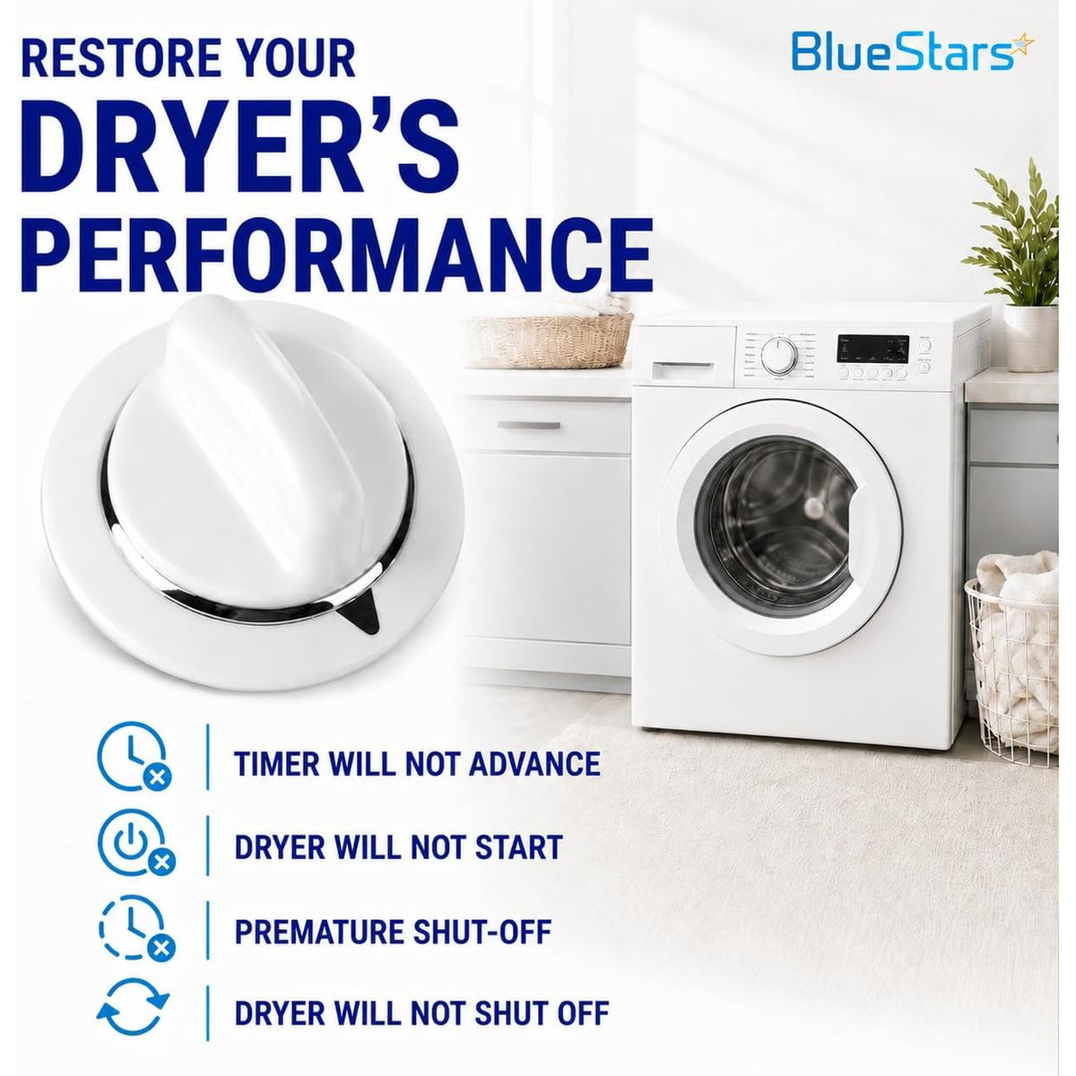 WE1M654 Dryer Timer Knob with Metal Ring, promotional graphic showing knob, dryer, and timer symptoms