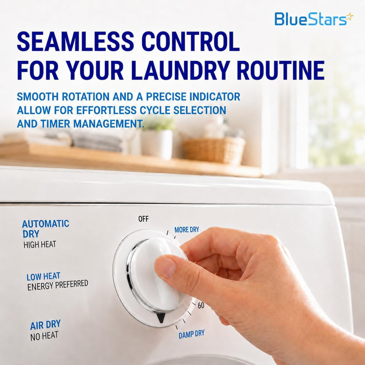 WE1M654 Dryer Timer Knob with Metal Ring shown installed on a dryer, being turned by hand