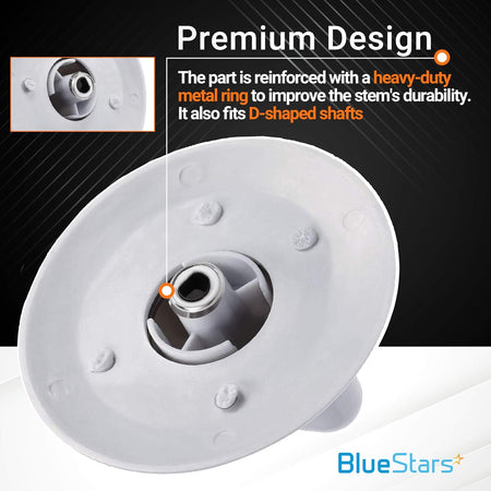 Close-up view of WE1M654 dryer timer knob showing the reinforced metal ring and D-shaped shaft compatibility.