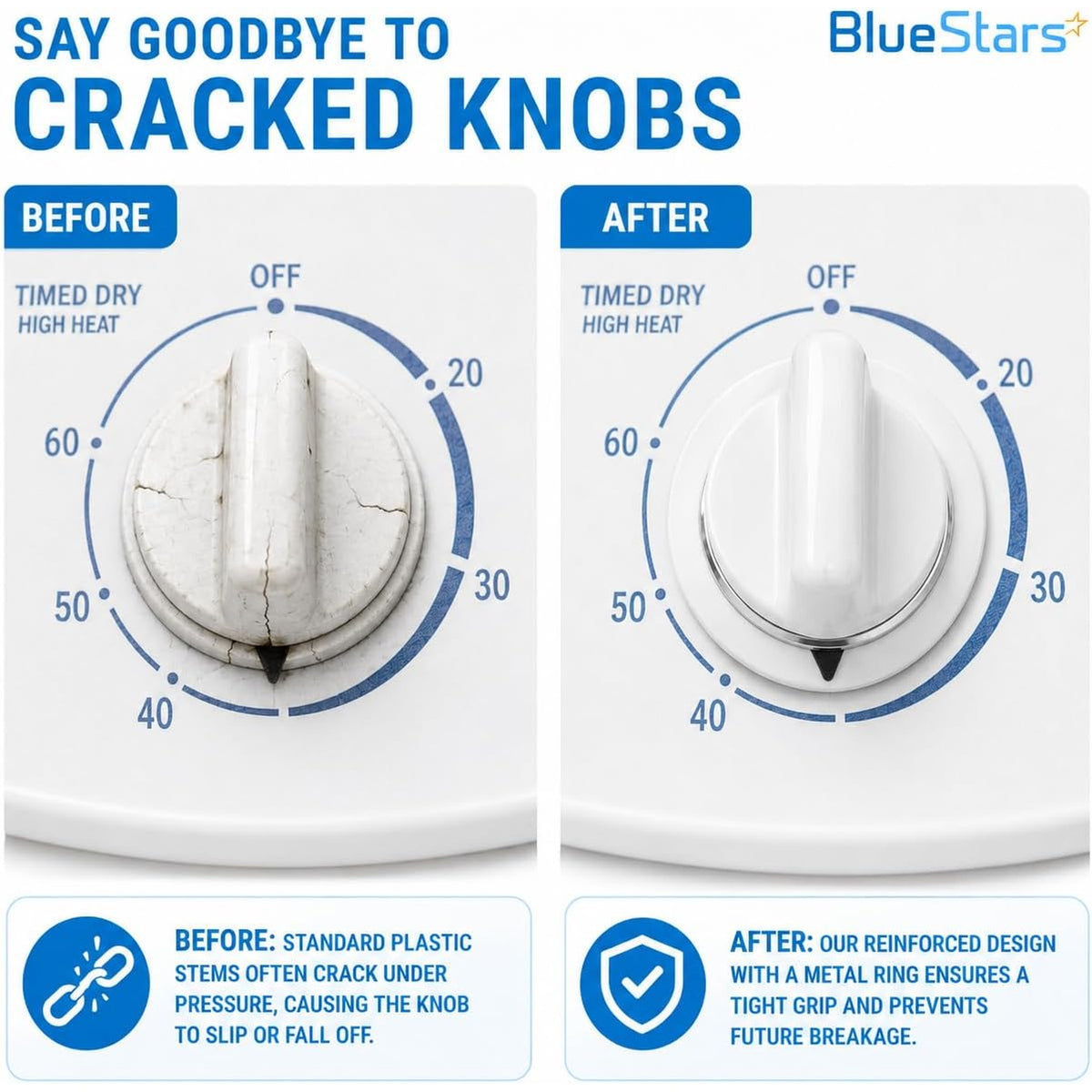 WE1M654 Dryer Timer Knob with Metal Ring, before-and-after comparison of cracked and reinforced knobs