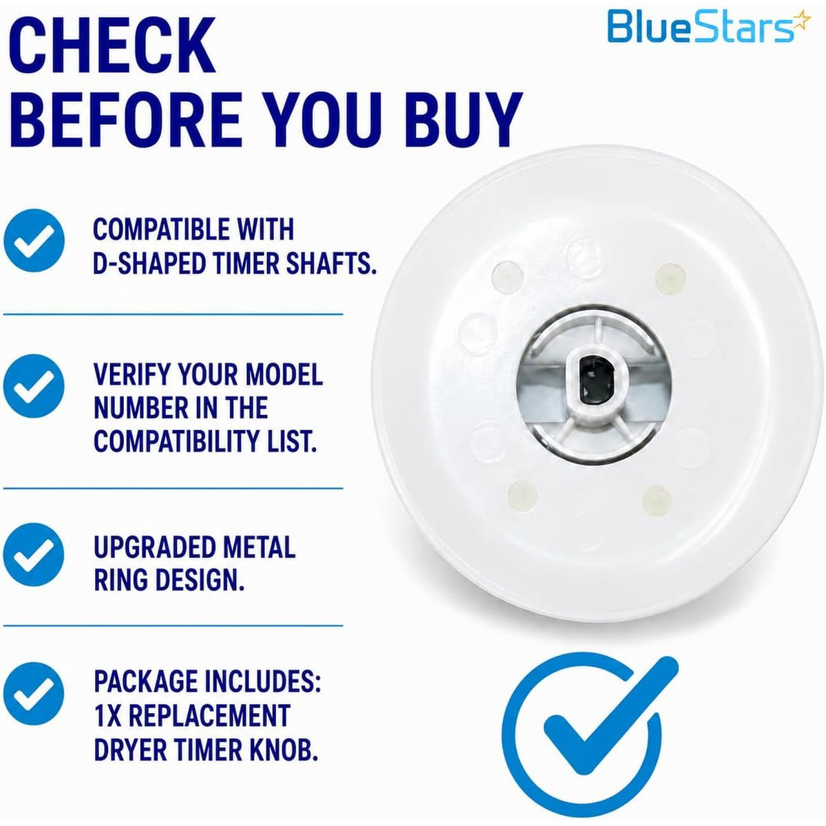 WE1M654 Dryer Timer Knob with Metal Ring, rear view with D-shaped shaft opening and compatibility checklist