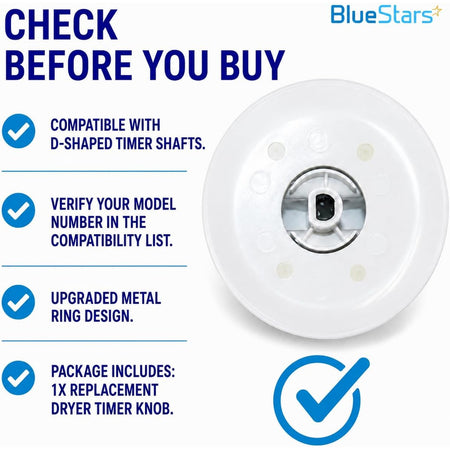 WE1M654 Dryer Timer Knob with Metal Ring, rear view with D-shaped shaft opening and compatibility checklist