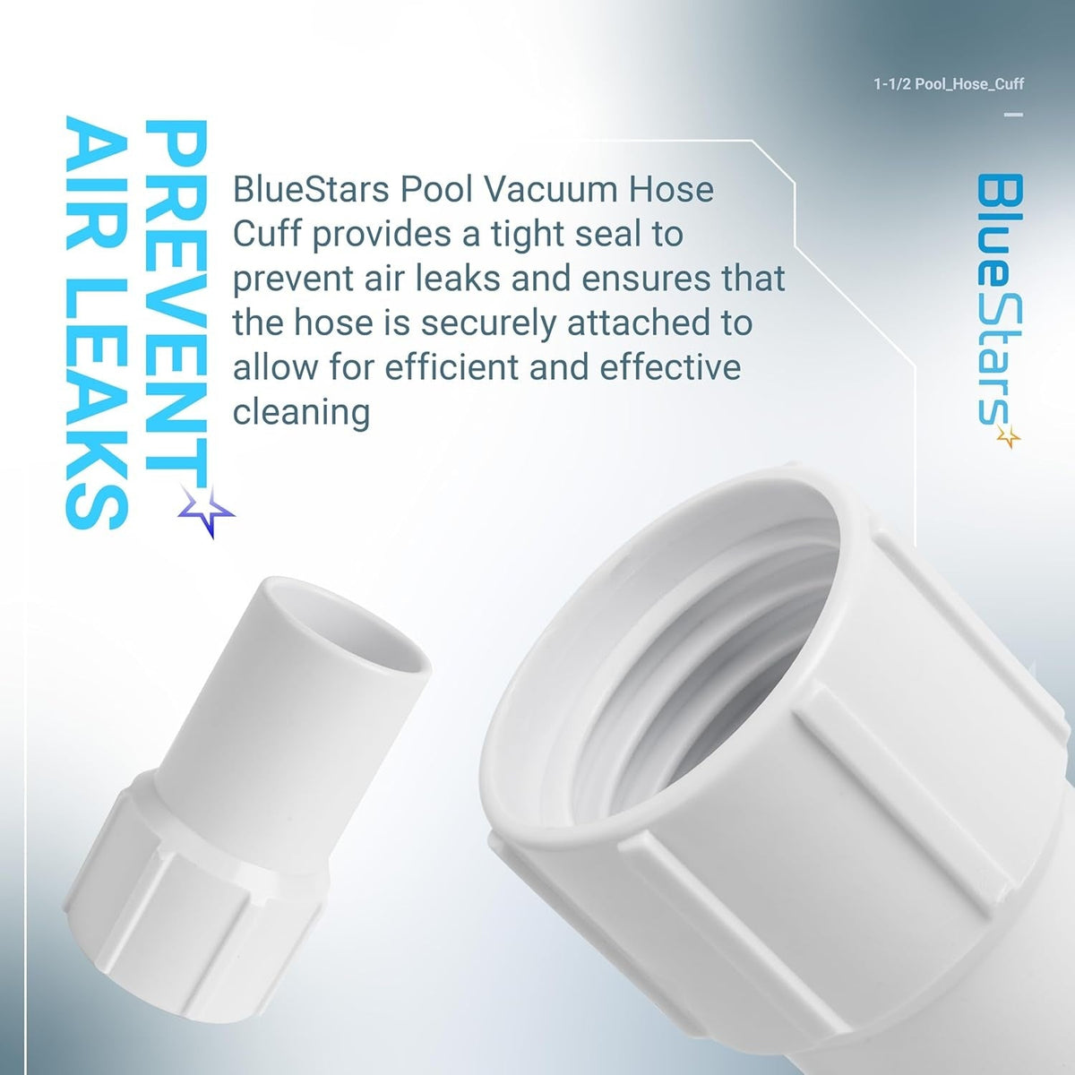 Close-up of 1-1/2 inch white pool vacuum hose cuff replacement for spiral-wound hoses.