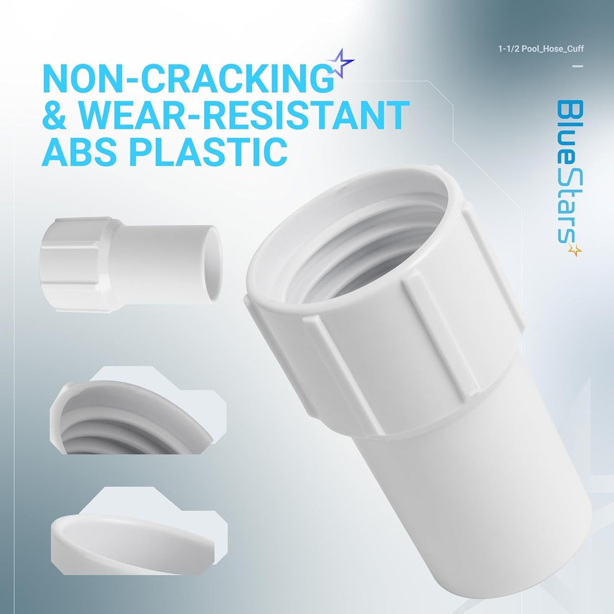 White 1-1/2 inch pool vacuum hose cuff made of durable ABS plastic for spiral-wound hose ends.