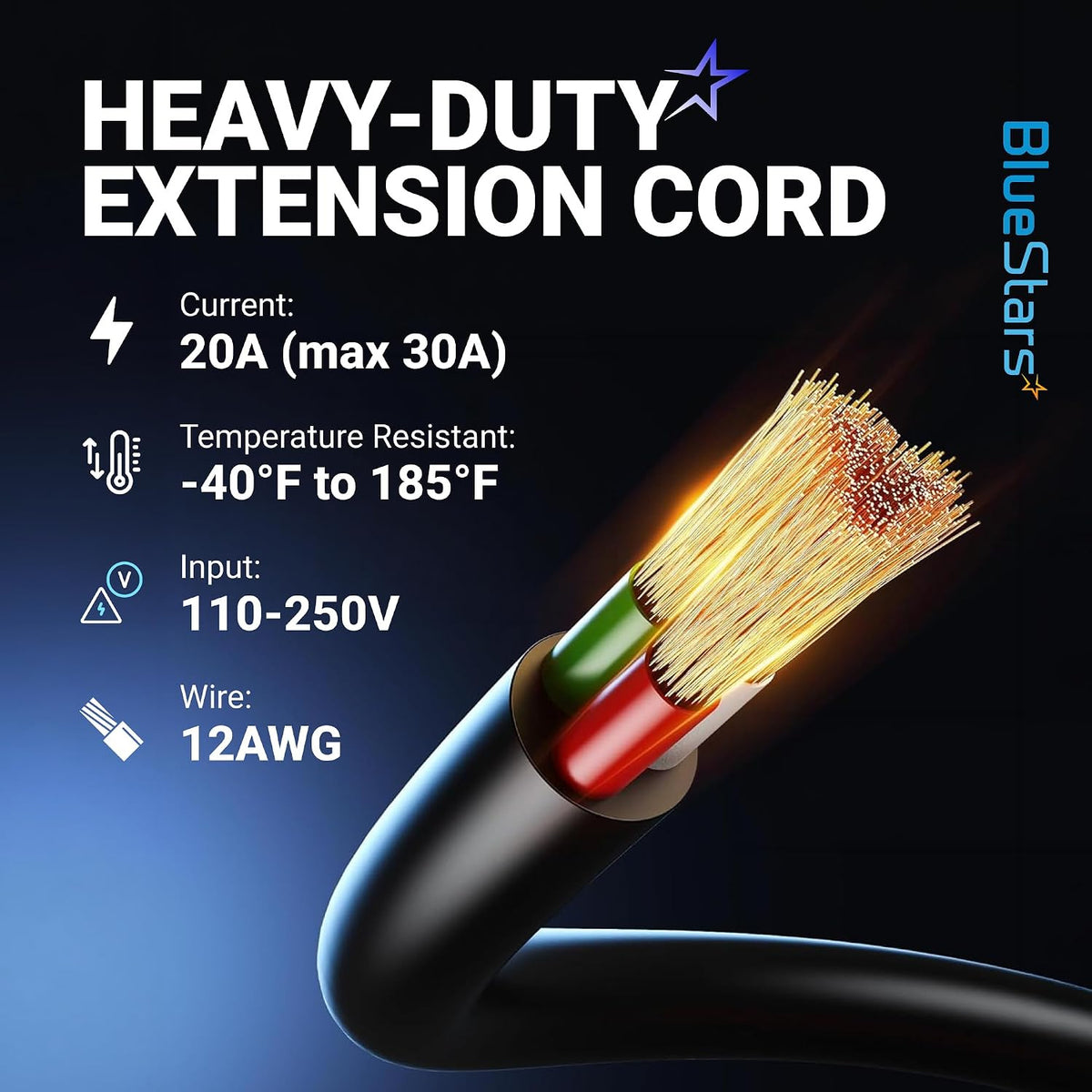 20A 125V AC RV Shore Power Inlet Socket, heavy-duty extension cord graphic with 20A, 110-250V and 12AWG specs