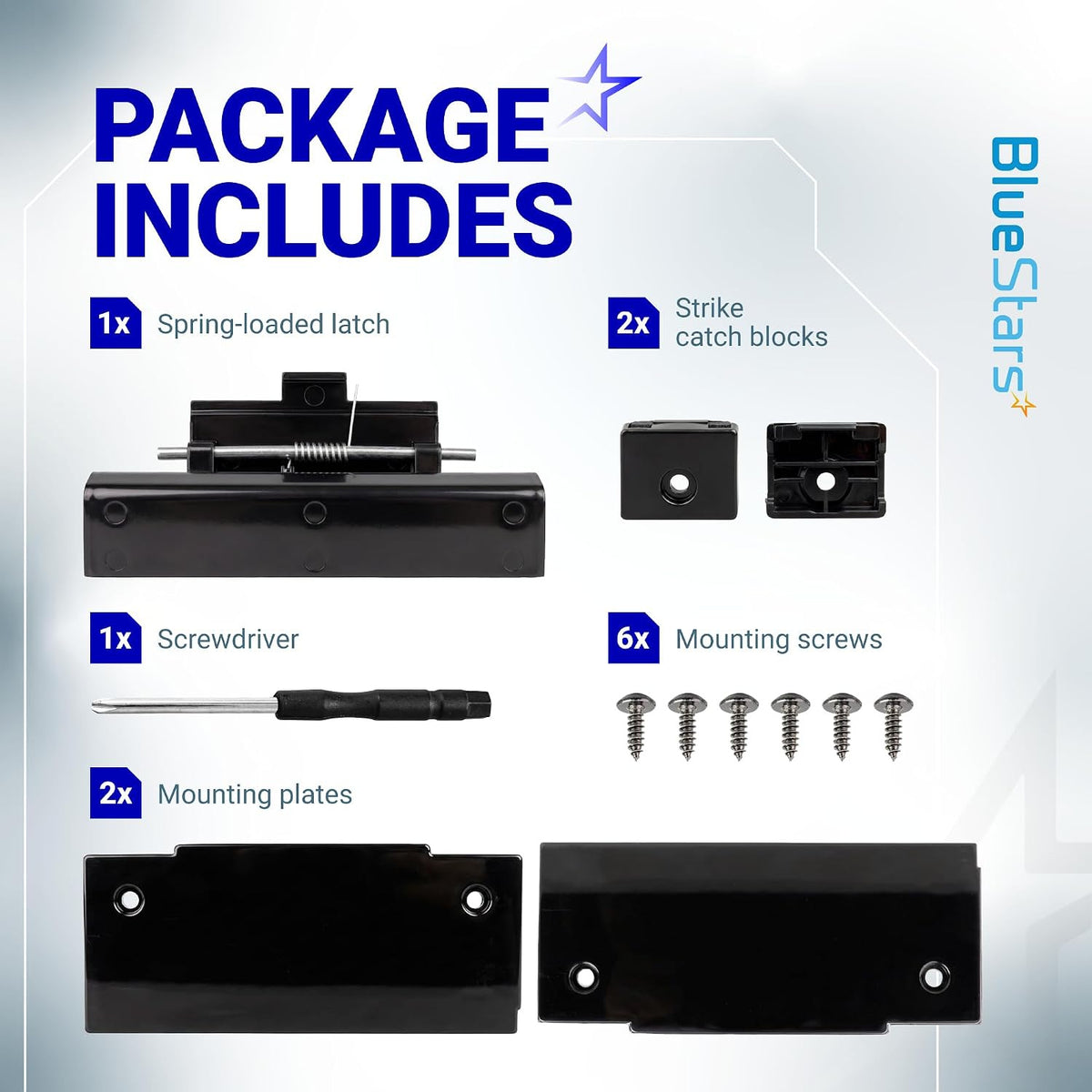FCR08DCDTA fridge door latch kit package contents with latch, strike blocks, screwdriver, screws, and mounting plates