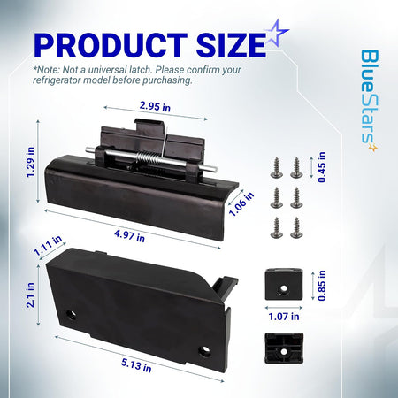 FCR08DCDTA Fridge Door Latch Kit with product size dimensions diagram and included screws