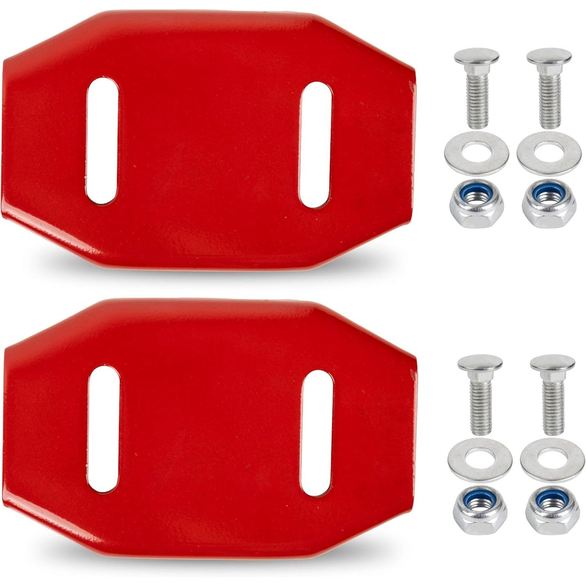Set of two red snow thrower skid shoes with mounting hardware including bolts, washers, and lock nuts.