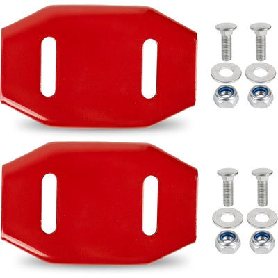 Set of two red snow thrower skid shoes with mounting hardware including bolts, washers, and lock nuts.