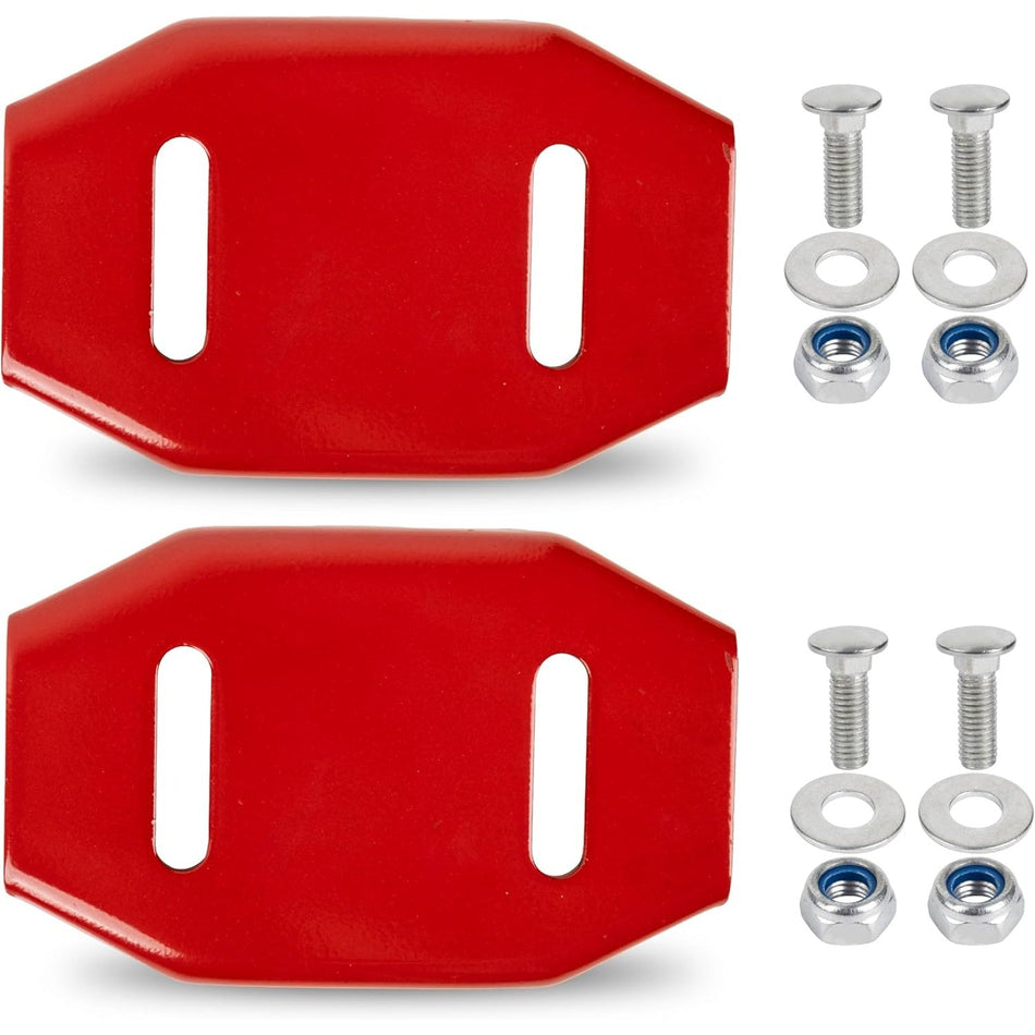 Set of two red snow thrower skid shoes with mounting hardware including bolts, washers, and lock nuts.