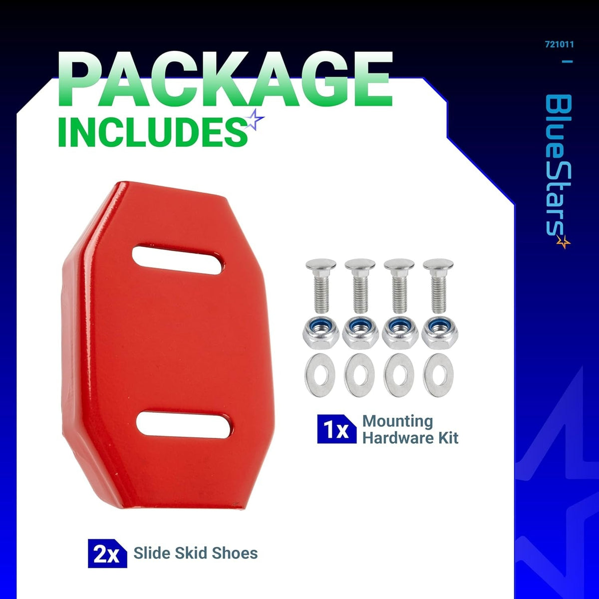 721011 snow thrower skid shoe replacement kit with two red skid shoes and mounting hardware.