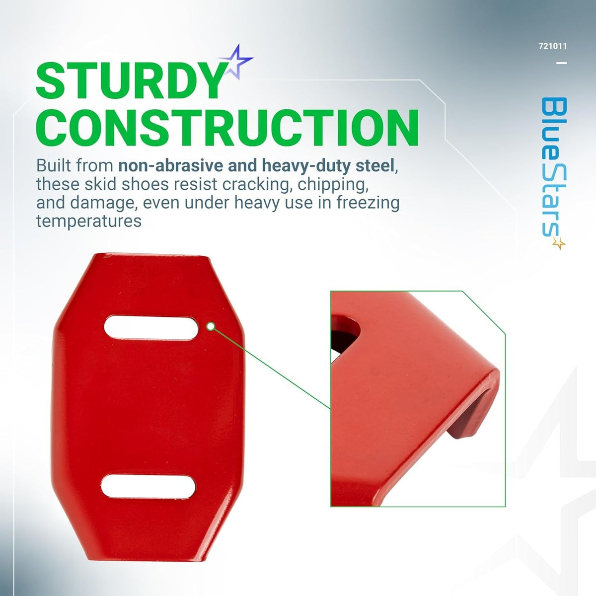 Red steel 721011 snow thrower skid shoe showing front view and side profile detail.