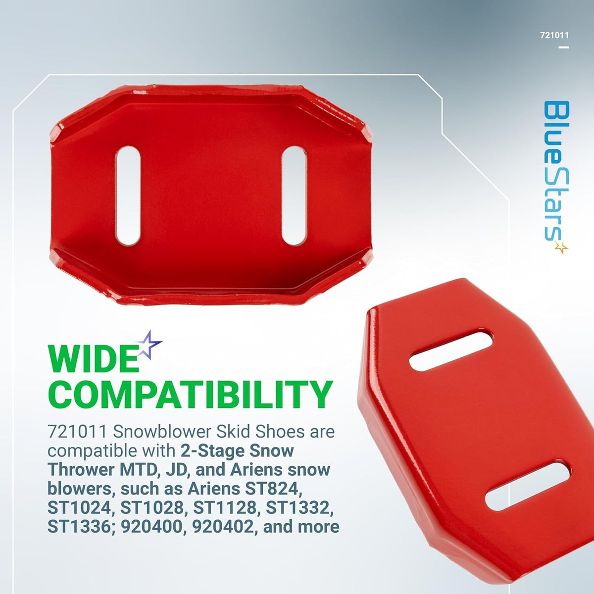 Two red 721011 replacement skid shoes for snow throwers with slotted mounting holes.