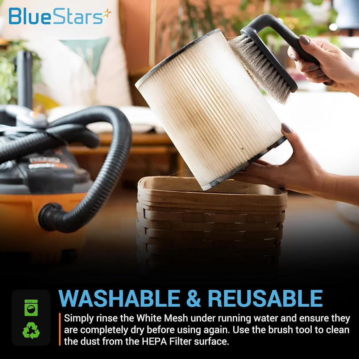 Hand cleaning a HEPA filter with a brush tool for INSE and TMA cordless vacuum cleaners.