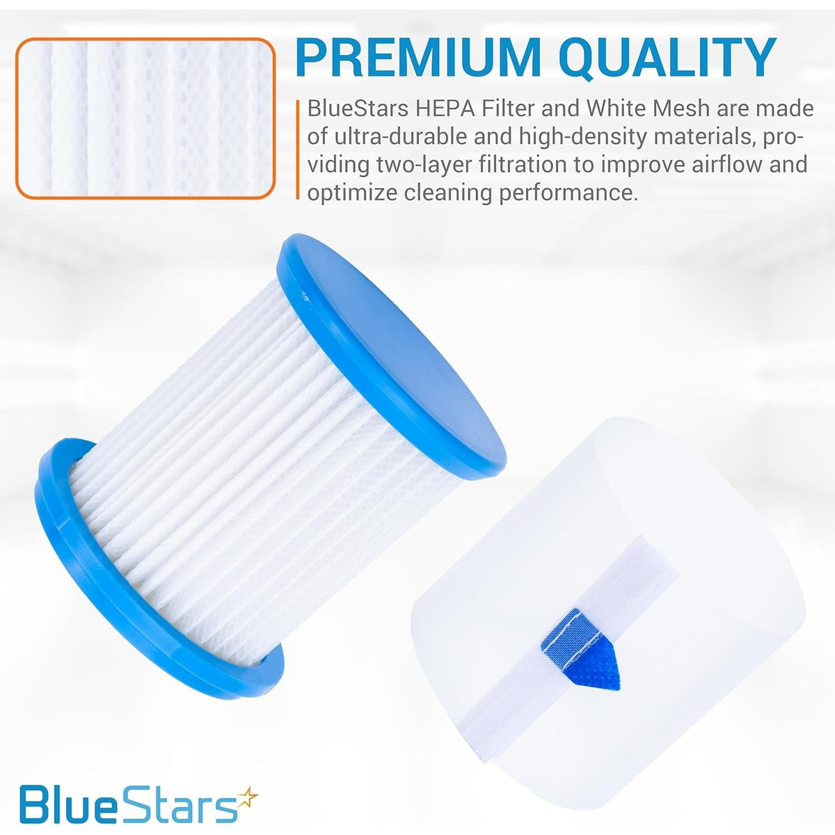 BlueStars HEPA filter and white mesh cover for INSE and TMA cordless vacuum cleaners.