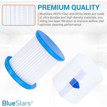 BlueStars HEPA filter and white mesh cover for INSE and TMA cordless vacuum cleaners.