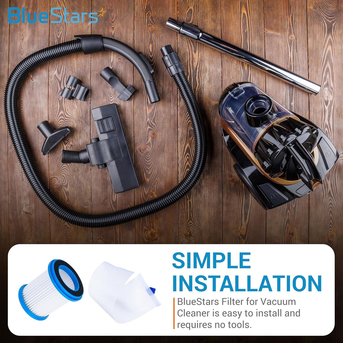 HEPA filter and white mesh cover for INSE and TMA cordless vacuum cleaners with installation instructions.