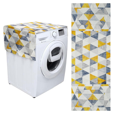 Geometric yellow and grey washer dryer top cover protector mat with side storage pockets on a white washing machine.