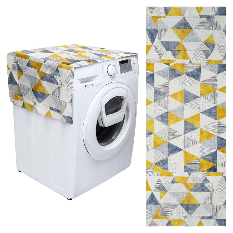 Geometric yellow and grey washer dryer top cover protector mat with side storage pockets on a white washing machine.