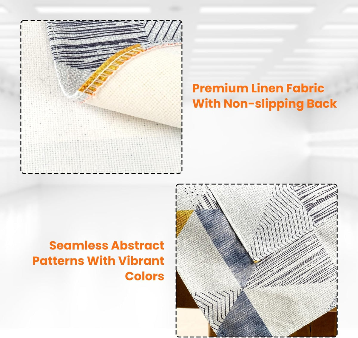 Close-up of washer and dryer top cover showing premium linen fabric, non-slip backing, and abstract geometric patterns.