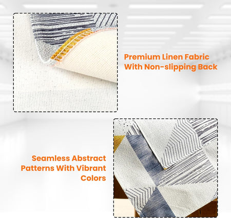 Close-up of washer and dryer top cover showing premium linen fabric, non-slip backing, and abstract geometric patterns.