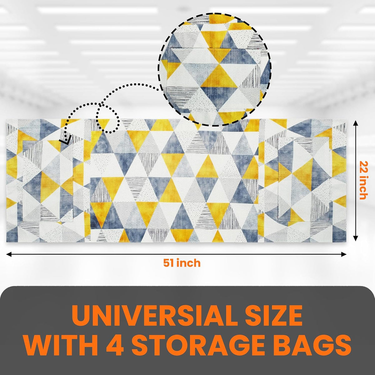 51x22 inch washer and dryer top cover mat with geometric pattern and close-up view of storage pockets.