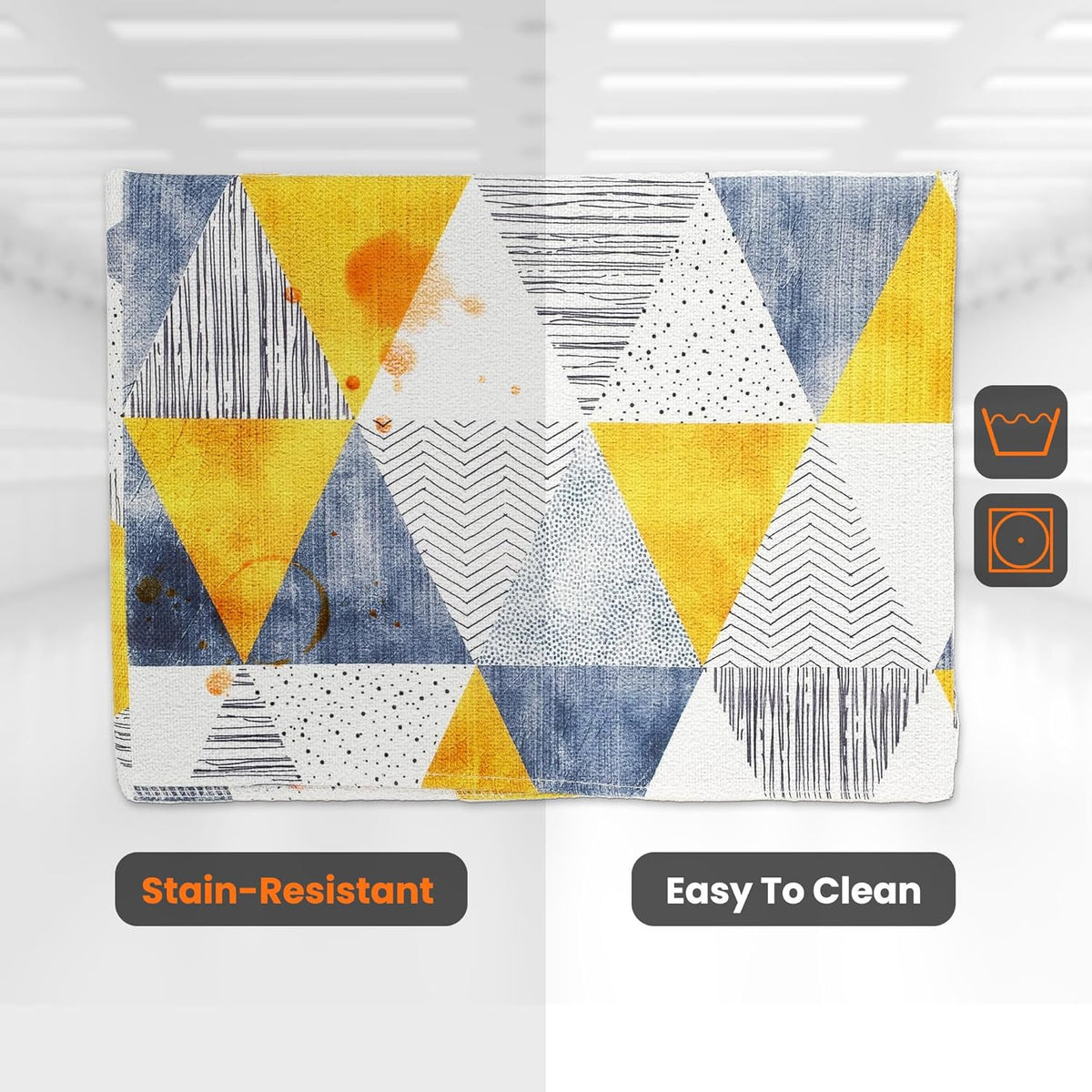Stain-resistant washer and dryer top cover mat with yellow and blue geometric triangle pattern.