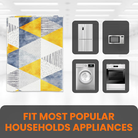 Geometric pattern appliance dust cover mat shown with icons of compatible refrigerators, microwaves, and washers.