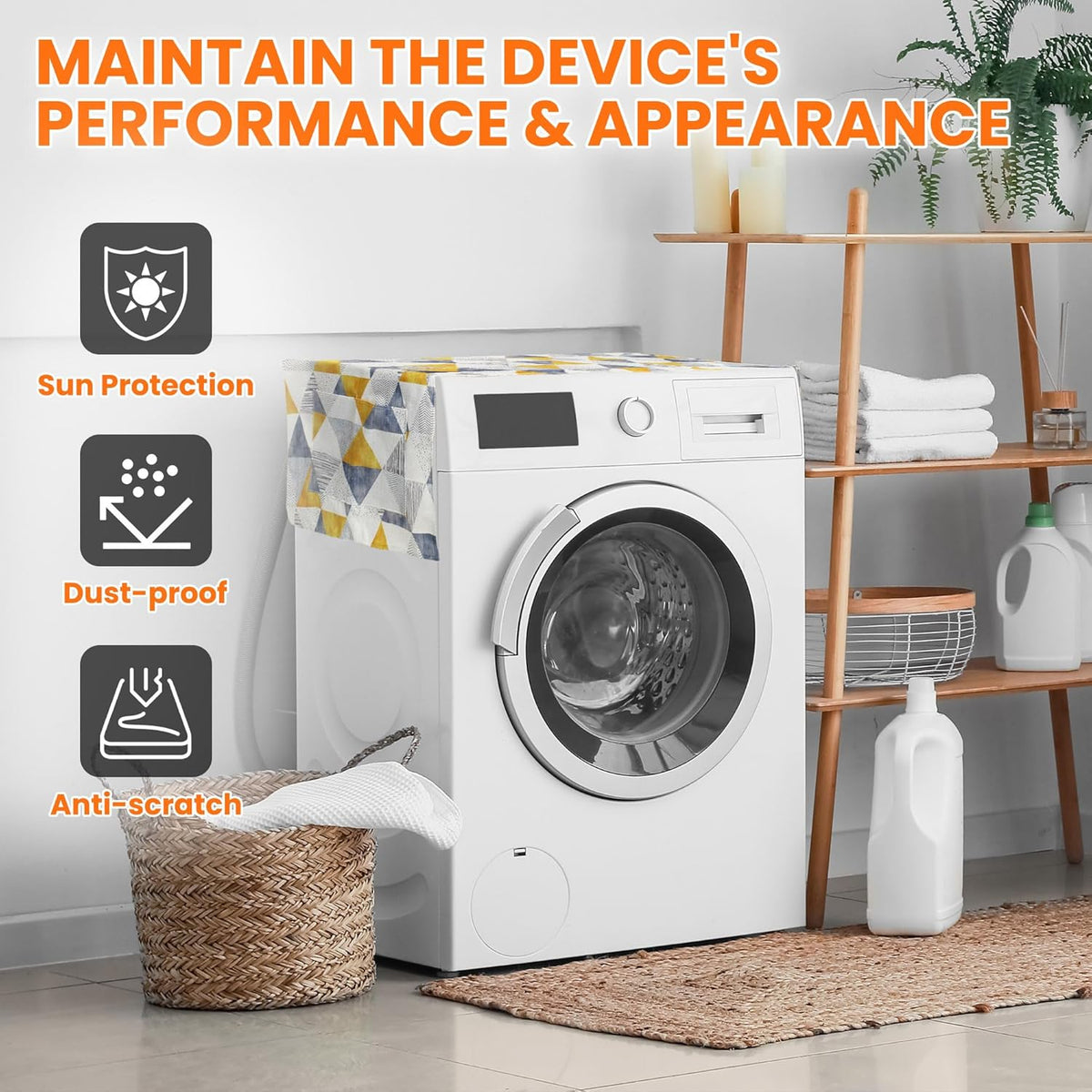 Geometric patterned washer and dryer top cover mat providing sun, dust, and scratch protection for a laundry appliance.