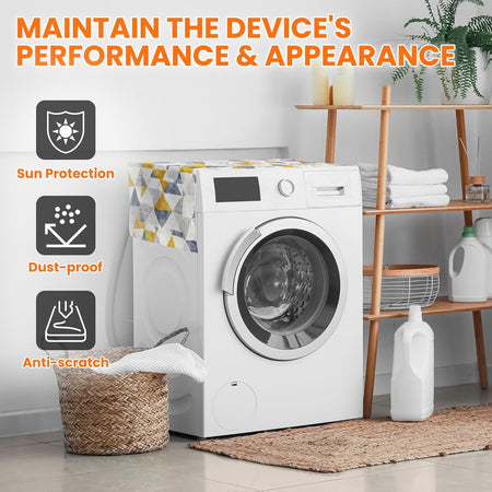 Geometric patterned washer and dryer top cover mat providing sun, dust, and scratch protection for a laundry appliance.