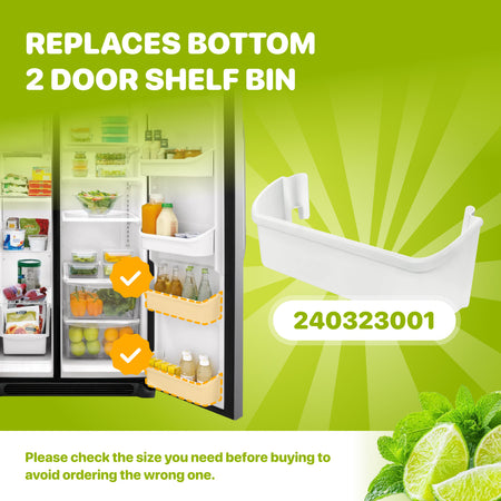 240323001 Refrigerator Bottom Door Shelf Bin shown as a replacement in the bottom two refrigerator door shelves
