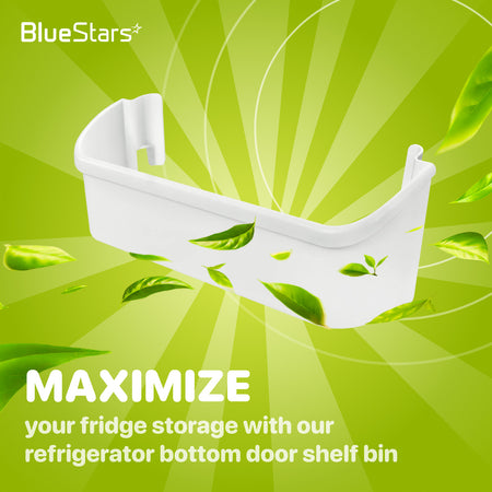 240323001 Refrigerator Bottom Door Shelf Bin, white bin shown on a green promotional background