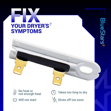 Close-up of a 3392519 dryer thermal fuse replacement part for Whirlpool, Maytag, and Kenmore dryers.