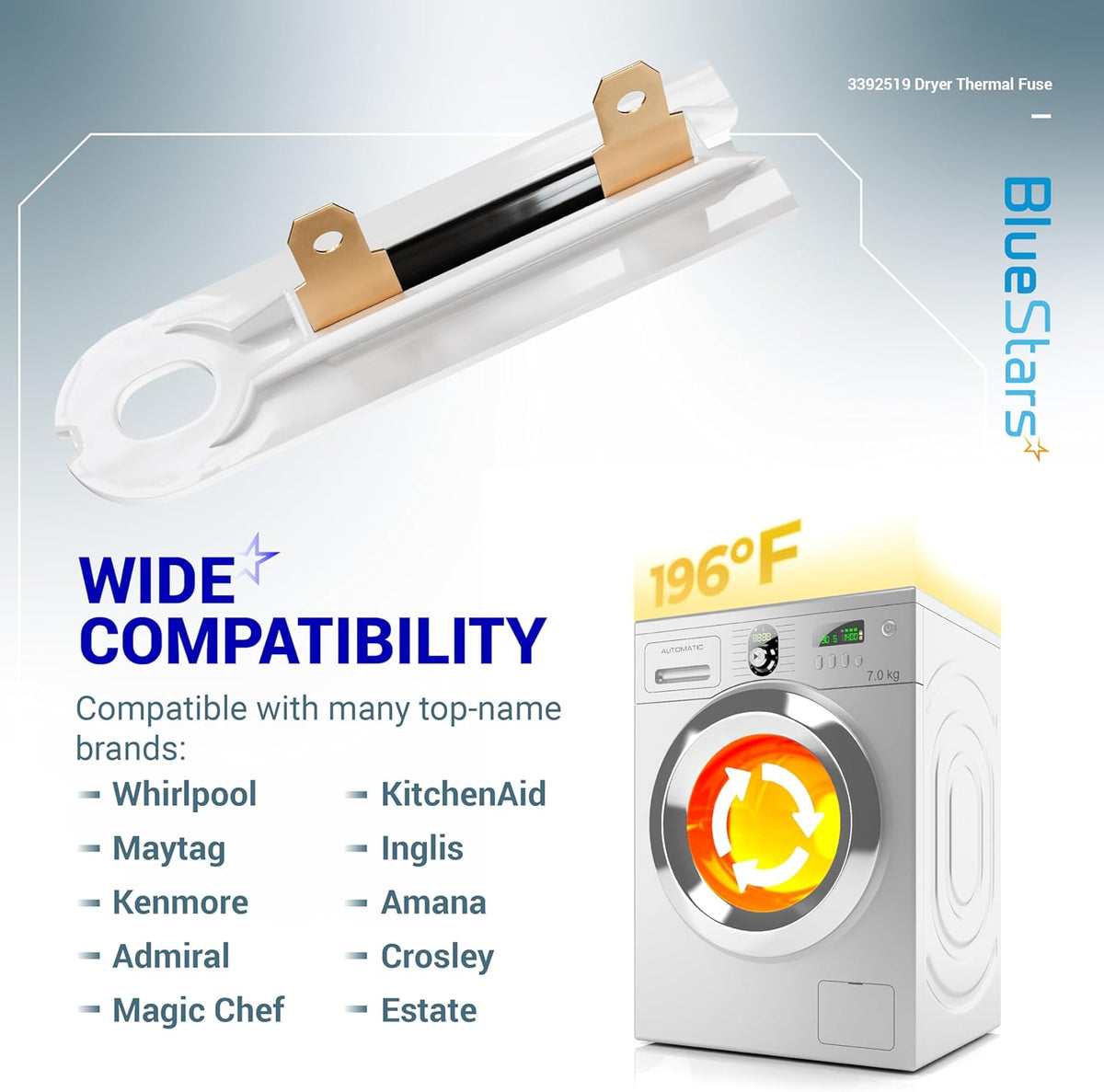 3392519 dryer thermal fuse replacement part with compatibility list and dryer illustration.
