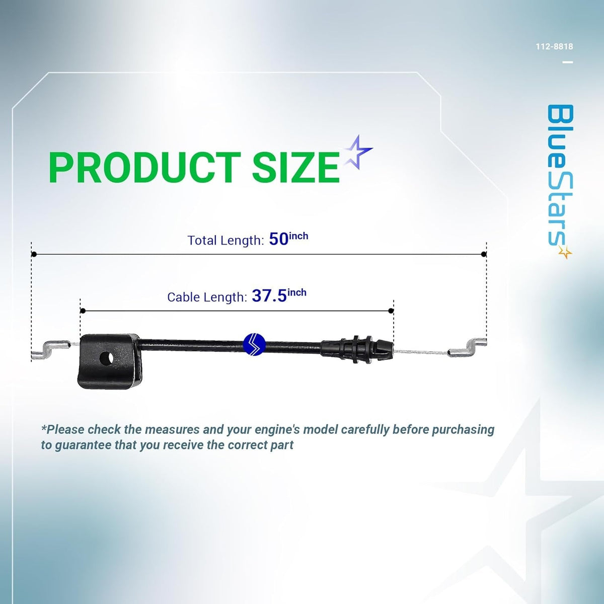 112-8818 brake cable dimension diagram showing 50-inch total length and 37.5-inch cable length for Toro lawn mowers.