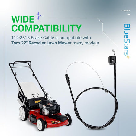 112-8818 brake cable for Toro 22-inch Recycler lawn mower shown with compatible mower model.