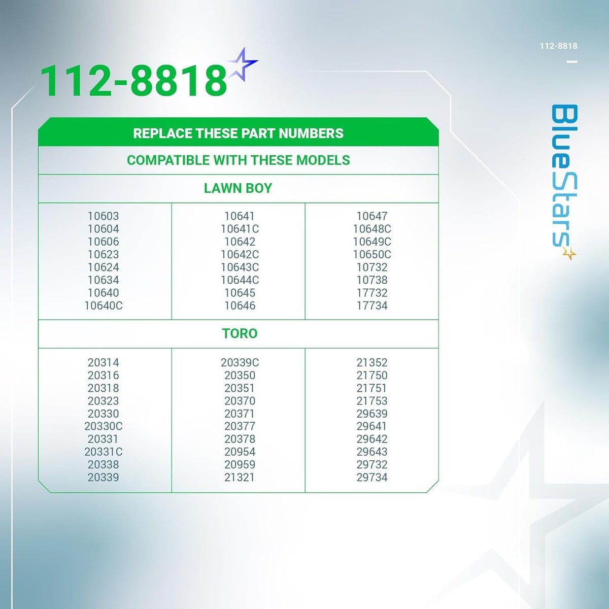 Compatibility chart for 112-8818 brake cable listing Toro and Lawn-Boy lawn mower model numbers.