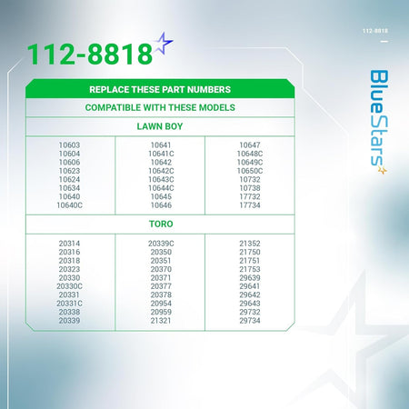 Compatibility chart for 112-8818 brake cable listing Toro and Lawn-Boy lawn mower model numbers.