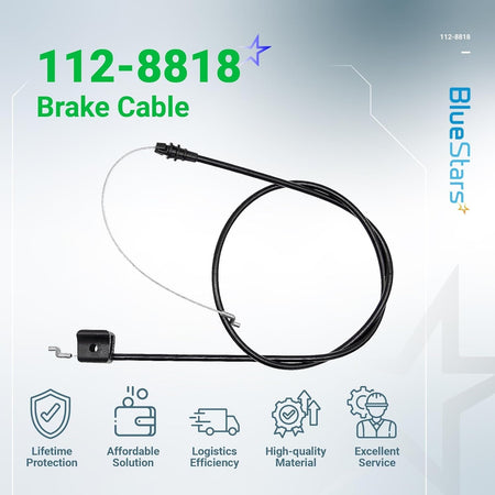112-8818 replacement brake cable for Toro and Lawn-Boy lawn mowers, shown against a branded promotional background.