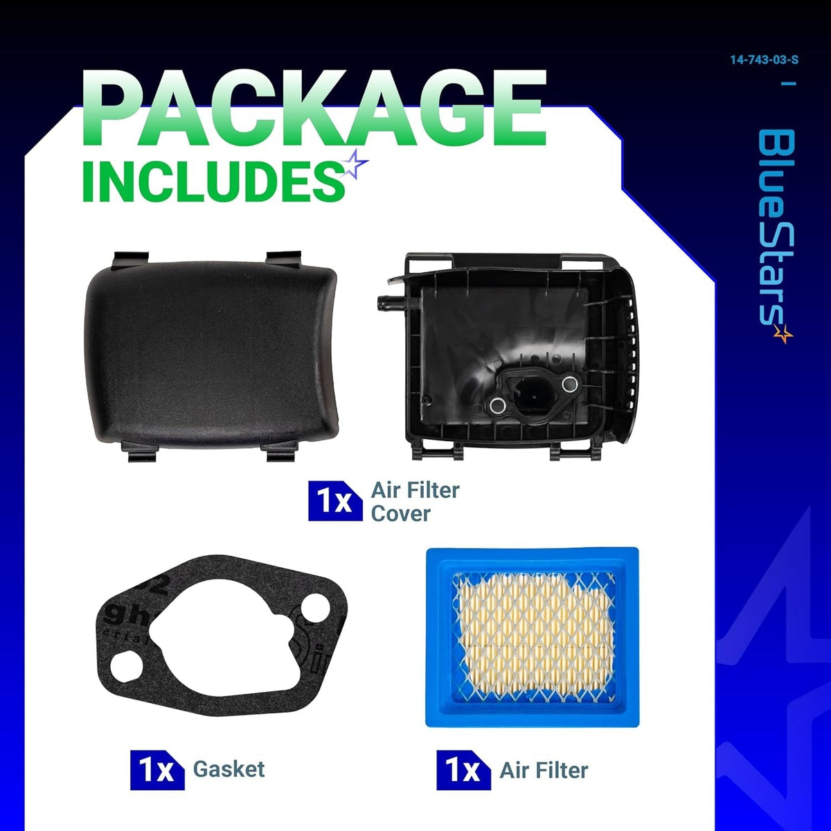 Air filter cover, base, gasket, and air filter kit for Kohler XT650 and XT675 lawn mower engines.