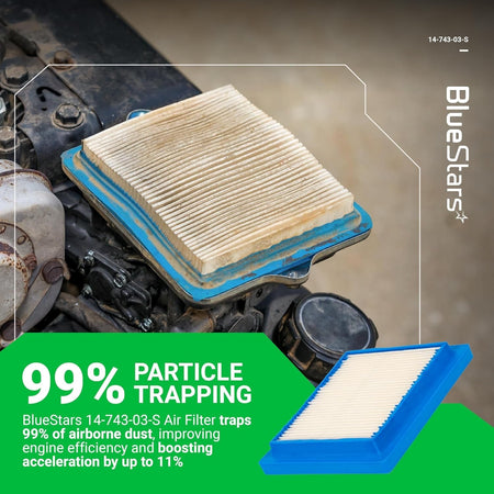 BlueStars 14-743-03-S air filter installed on a Kohler lawn mower engine showing 99% particle trapping efficiency.