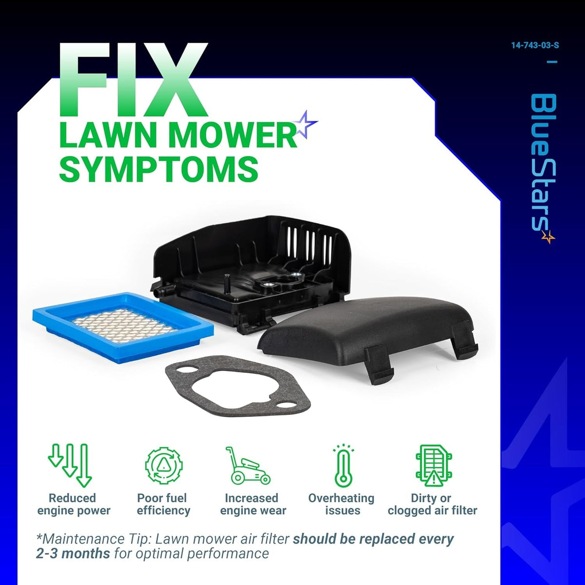 Kohler XT650 XT675 engine air filter cover, base, and cleaner kit with gasket for lawn mowers.