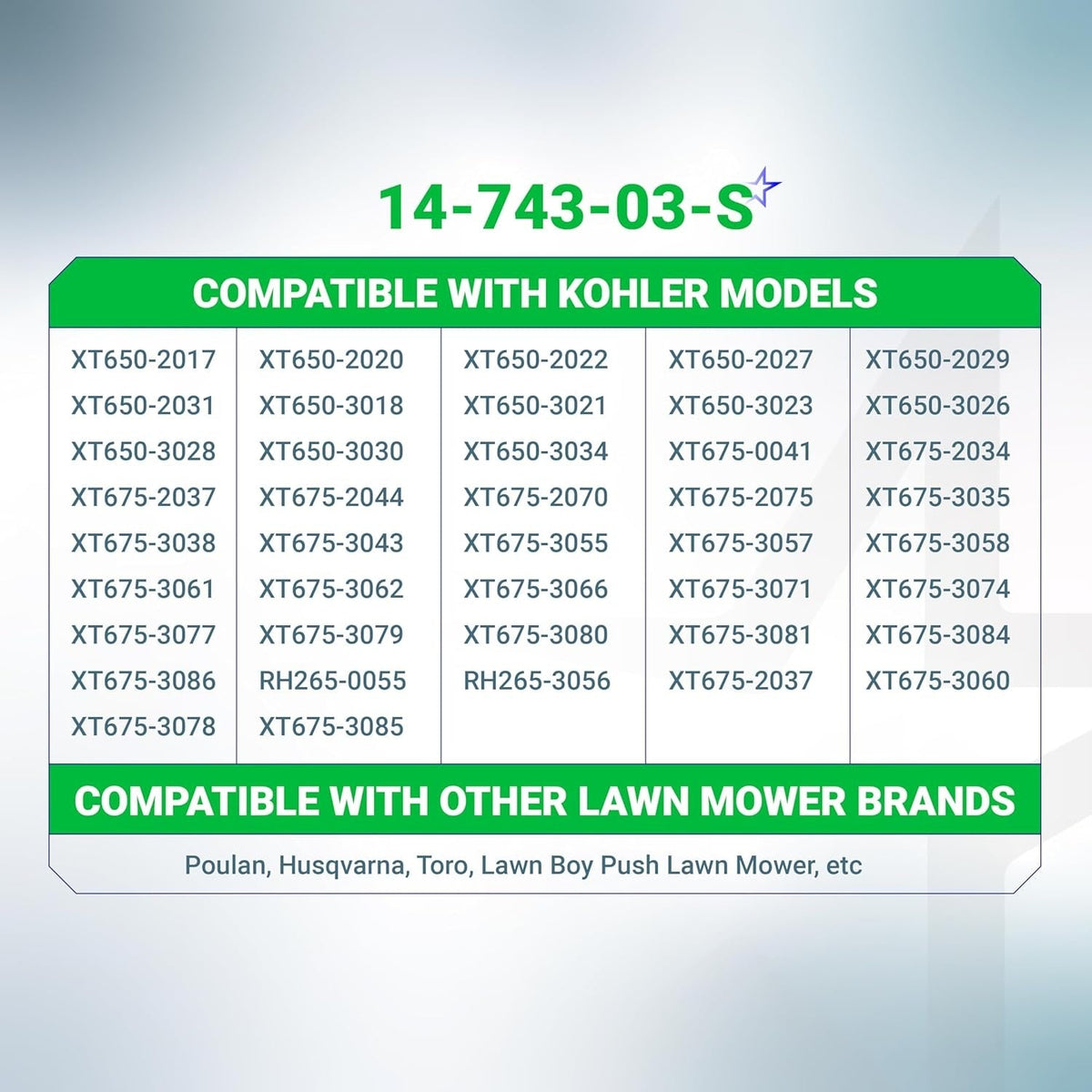 Compatibility chart for 14-743-03-S air filter cover base kit listing Kohler XT650 and XT675 engine model numbers.